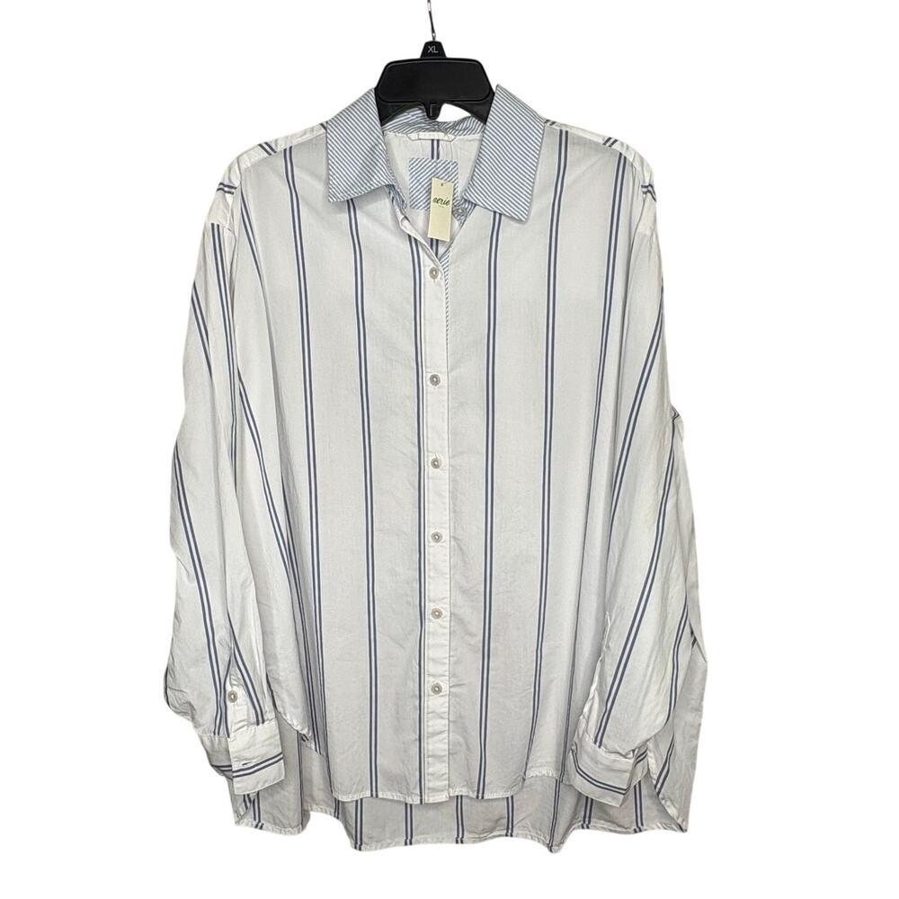 Aerie Oversized Button Up Striped Blue & White Cotton Lounge Shirt Small New